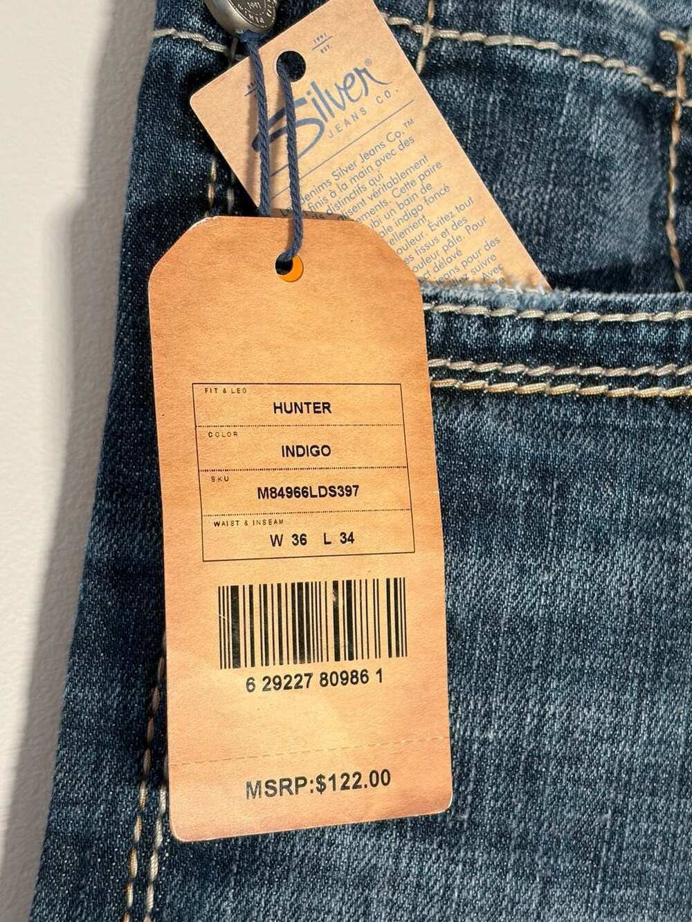 Silver Jeans Co. Hunter Athletic Fit Straight Indigo Denim Jeans W36 L34 - Picture 7 of 7